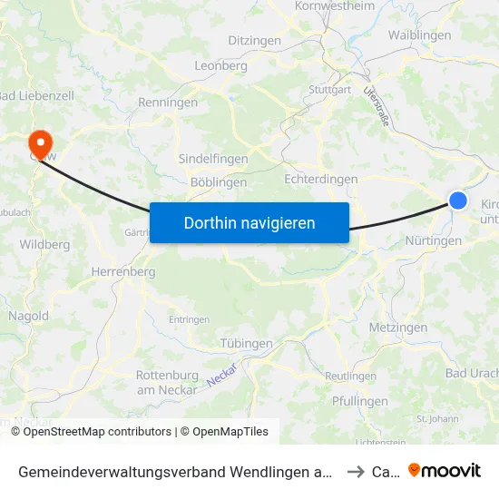 Gemeindeverwaltungsverband Wendlingen am Neckar to Calw map
