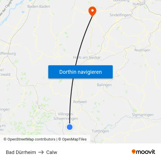 Bad Dürrheim to Calw map
