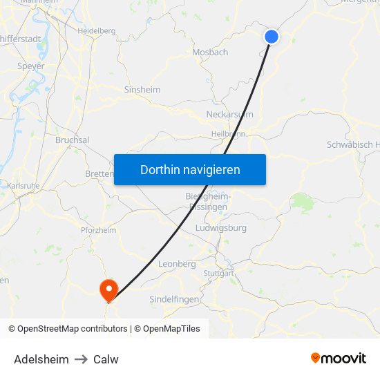 Adelsheim to Calw map