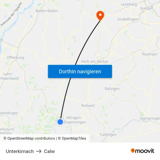 Unterkirnach to Calw map