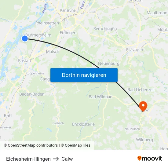 Elchesheim-Illingen to Calw map