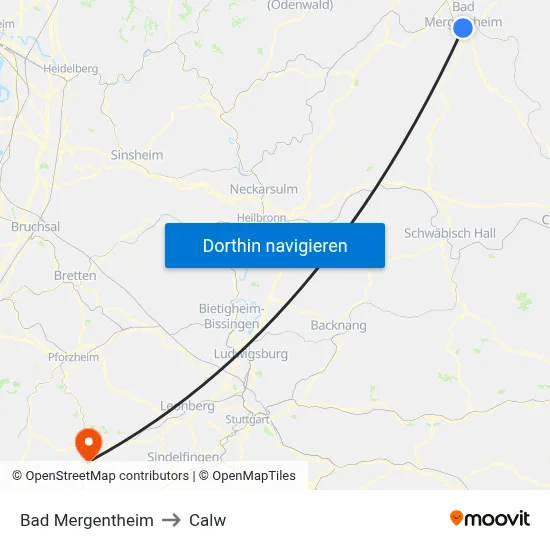 Bad Mergentheim to Calw map