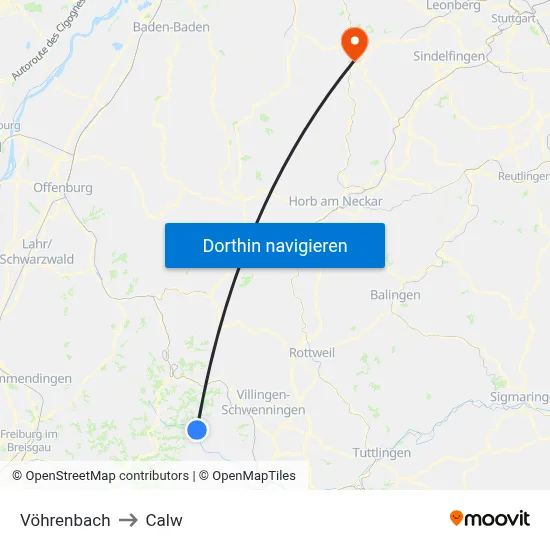 Vöhrenbach to Calw map