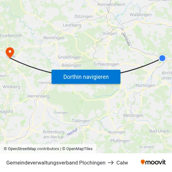 Gemeindeverwaltungsverband Plochingen to Calw map