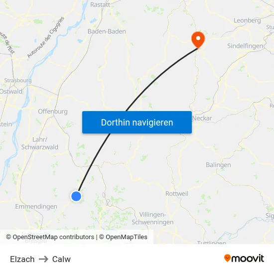 Elzach to Calw map