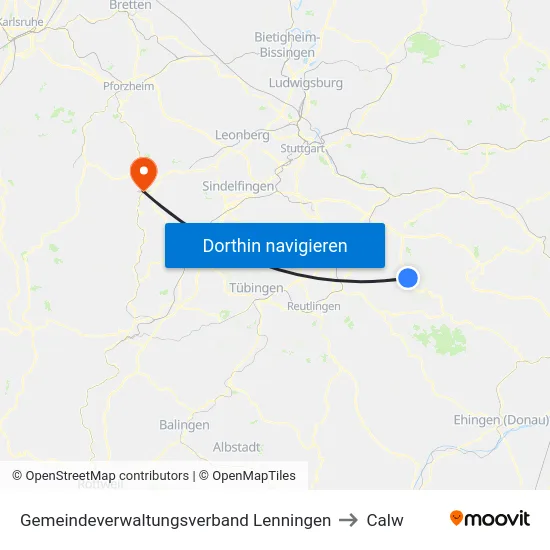 Gemeindeverwaltungsverband Lenningen to Calw map