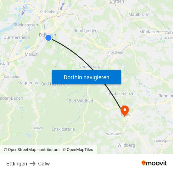 Ettlingen to Calw map
