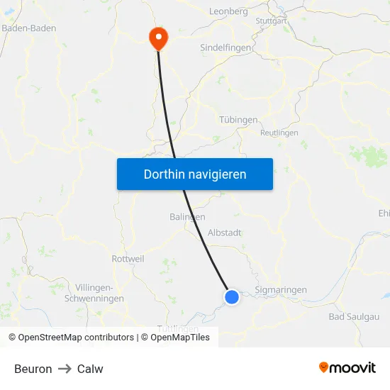 Beuron to Calw map