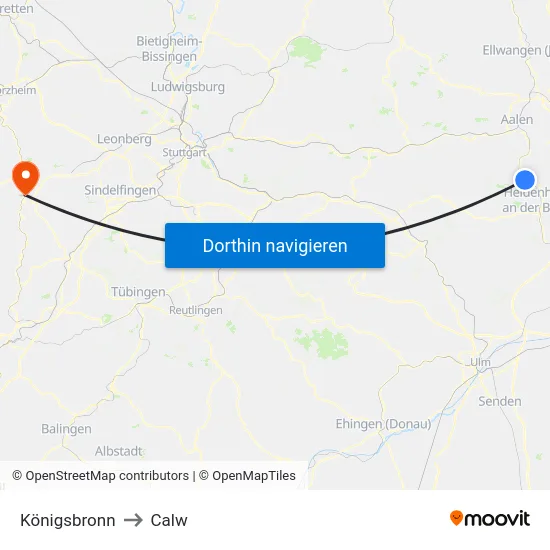Königsbronn to Calw map