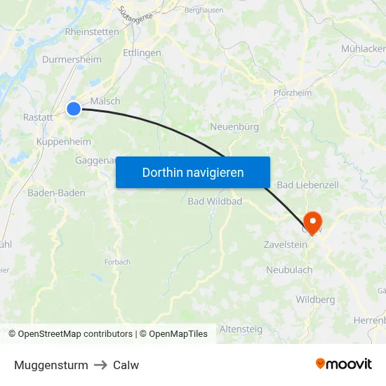 Muggensturm to Calw map