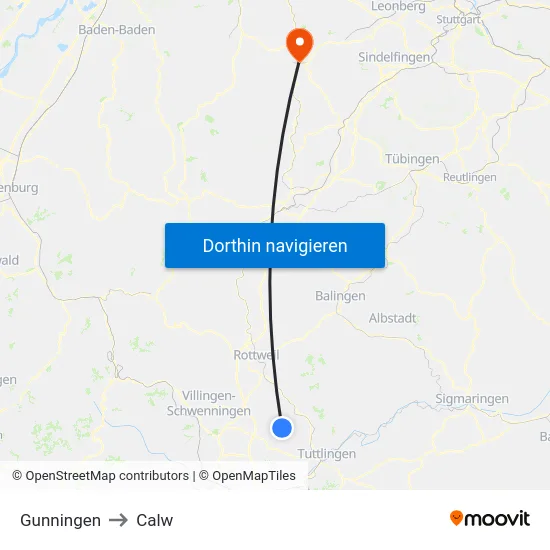 Gunningen to Calw map