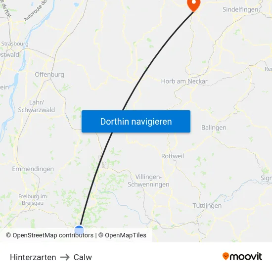 Hinterzarten to Calw map
