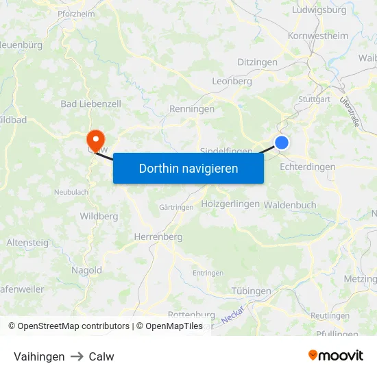 Vaihingen to Calw map