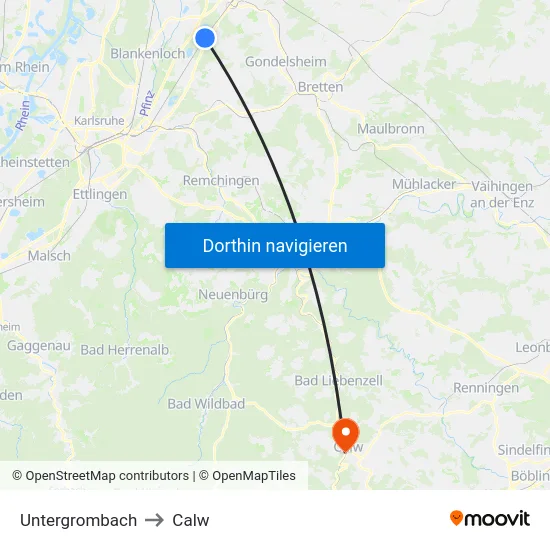 Untergrombach to Calw map