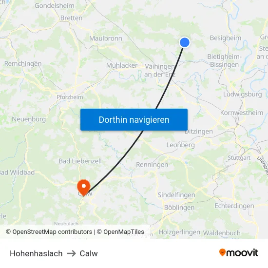 Hohenhaslach to Calw map