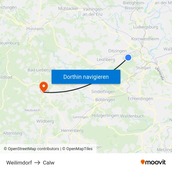 Weilimdorf to Calw map