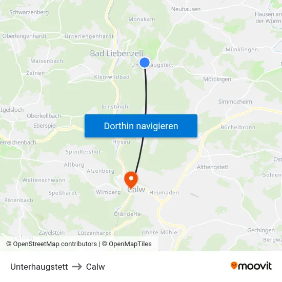 Unterhaugstett to Calw map