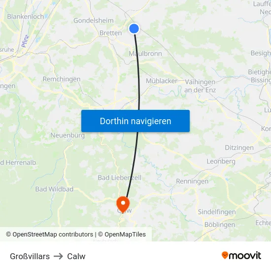 Großvillars to Calw map