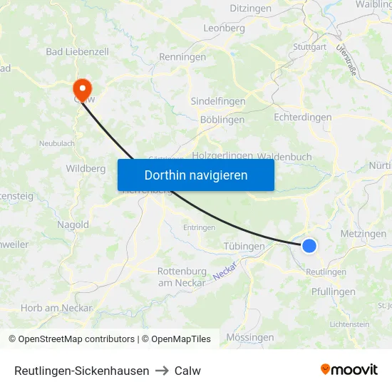 Reutlingen-Sickenhausen to Calw map