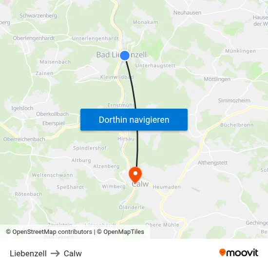 Liebenzell to Calw map