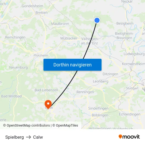 Spielberg to Calw map