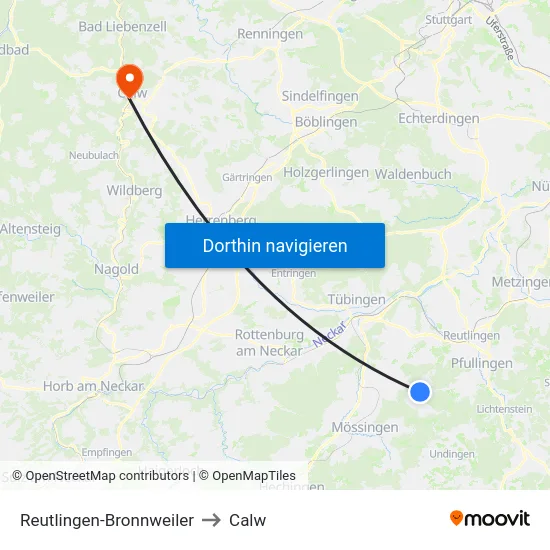 Reutlingen-Bronnweiler to Calw map