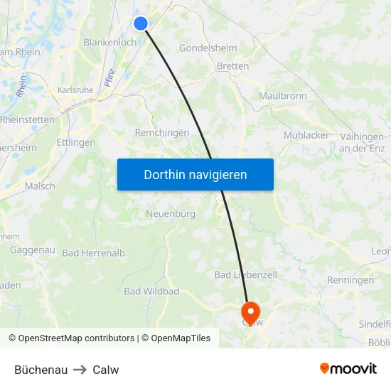 Büchenau to Calw map