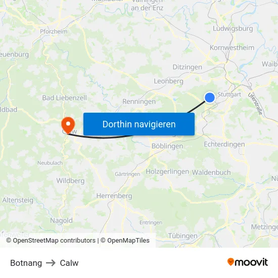 Botnang to Calw map
