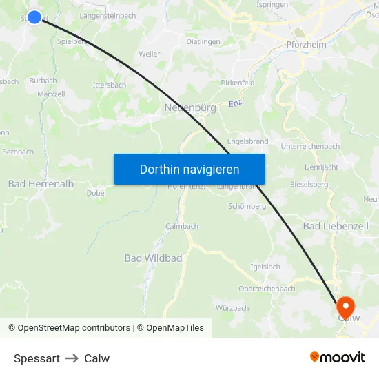 Spessart to Calw map