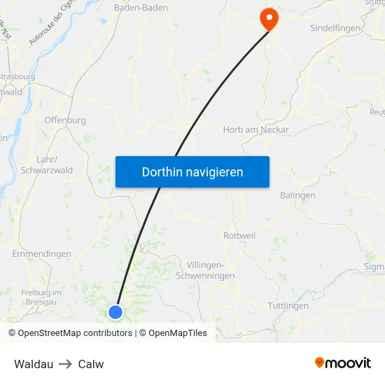 Waldau to Calw map