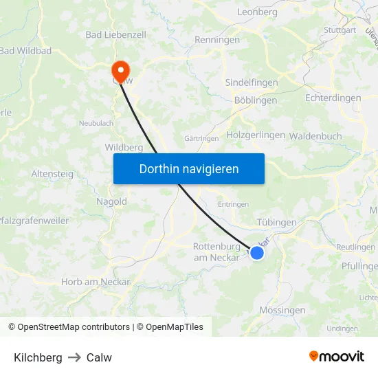 Kilchberg to Calw map