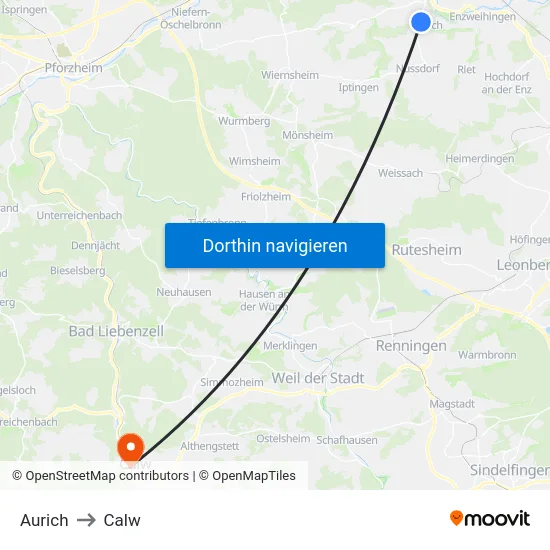 Aurich to Calw map