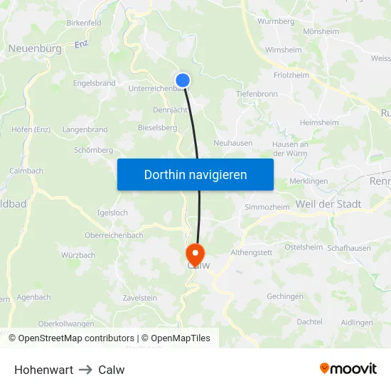 Hohenwart to Calw map