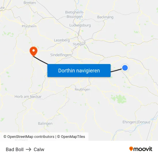 Bad Boll to Calw map