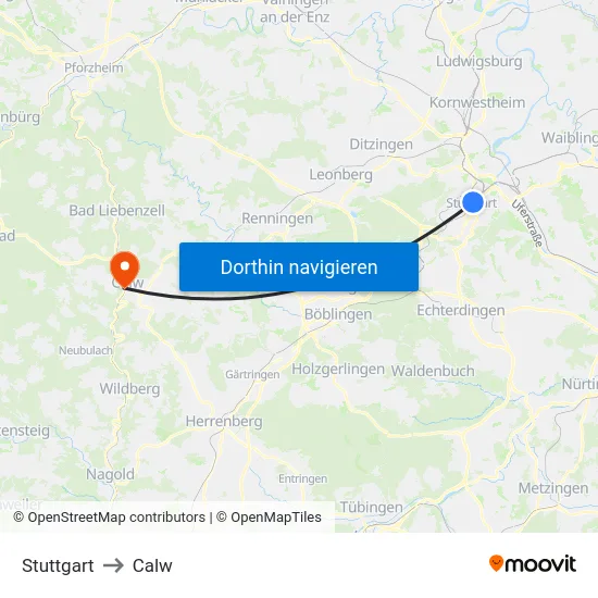 Stuttgart to Calw map