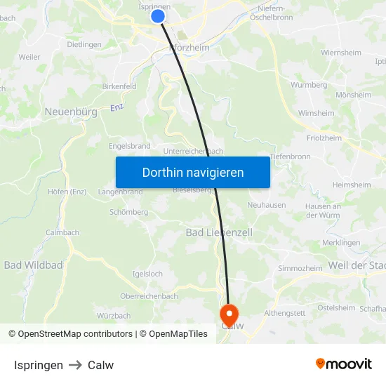 Ispringen to Calw map