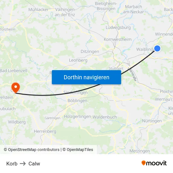 Korb to Calw map