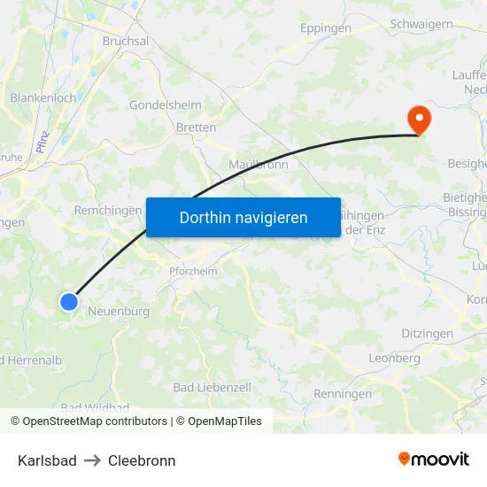 Karlsbad to Cleebronn map