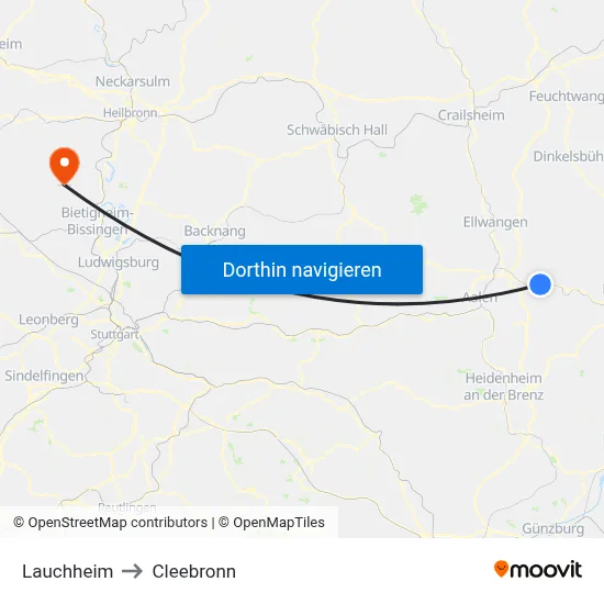 Lauchheim to Cleebronn map