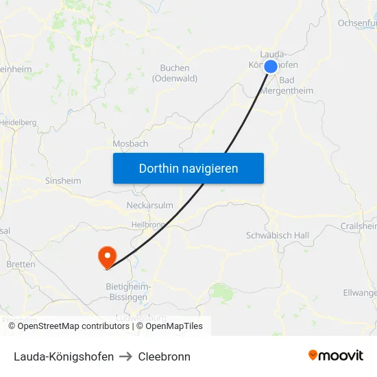 Lauda-Königshofen to Cleebronn map