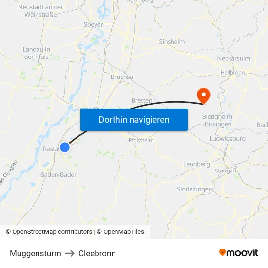 Muggensturm to Cleebronn map