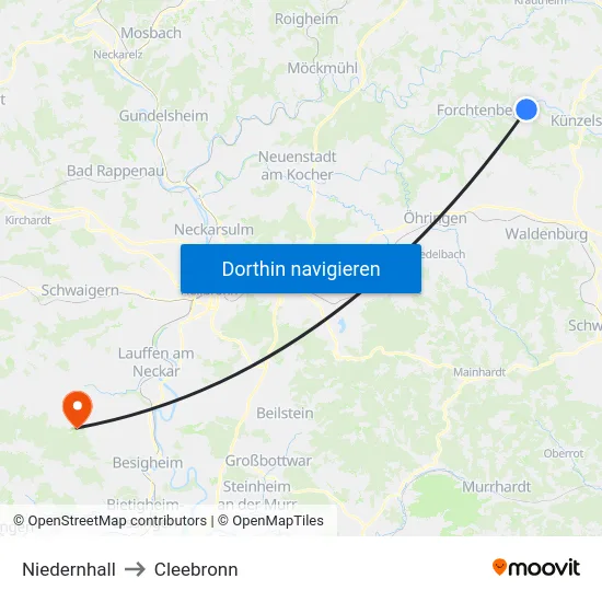 Niedernhall to Cleebronn map