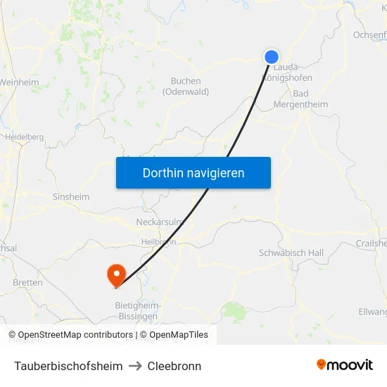 Tauberbischofsheim to Cleebronn map