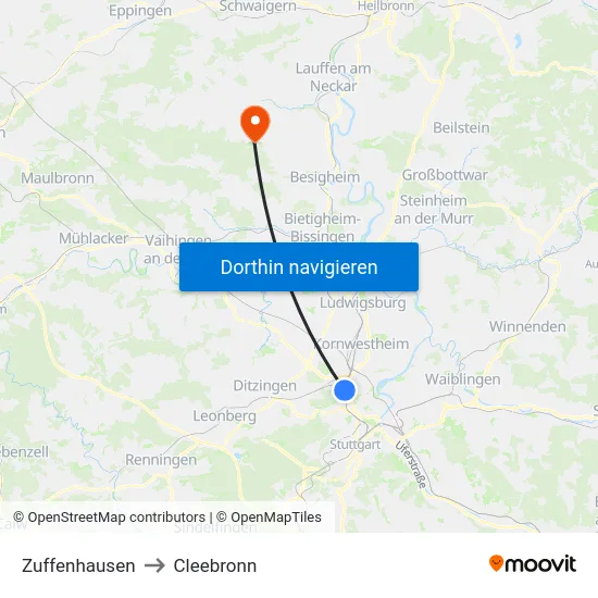 Zuffenhausen to Cleebronn map