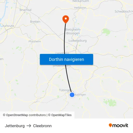 Jettenburg to Cleebronn map