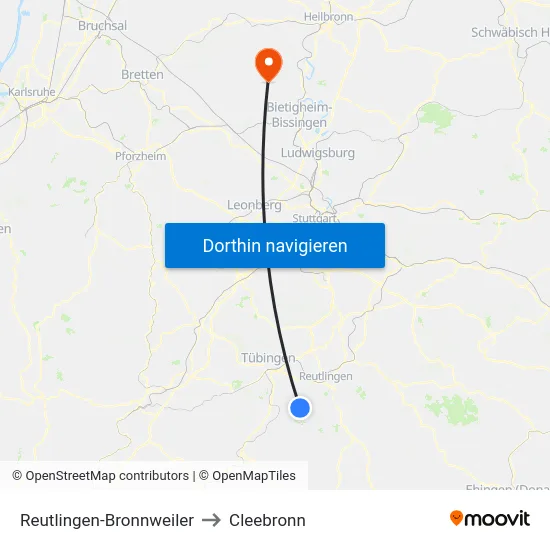 Reutlingen-Bronnweiler to Cleebronn map