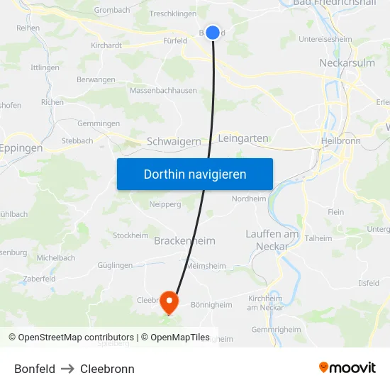Bonfeld to Cleebronn map