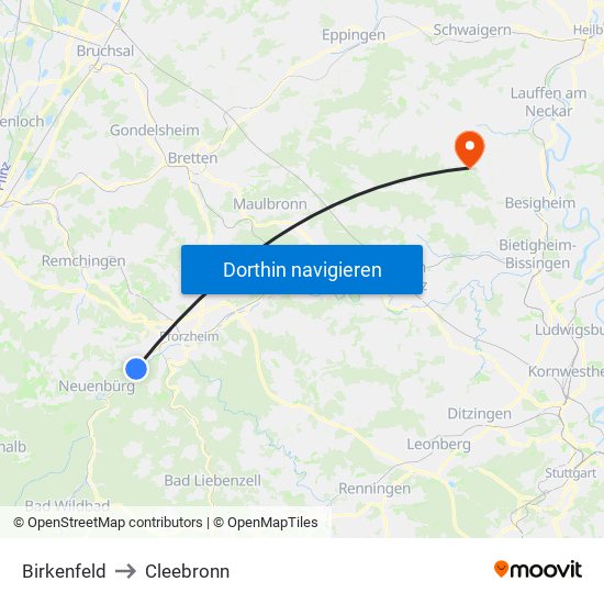 Birkenfeld to Cleebronn map