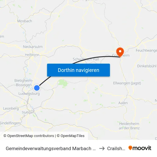 Gemeindeverwaltungsverband Marbach am Neckar to Crailsheim map