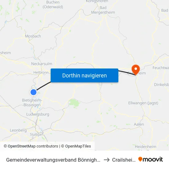 Gemeindeverwaltungsverband Bönnigheim to Crailsheim map